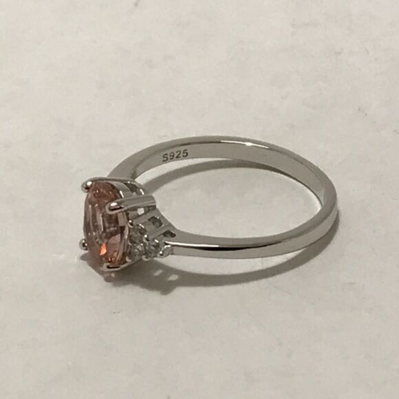 Sterling Silver Ring Size 7 Simulated Morganite Peachy Pink CZ 6x8mm Stone - Picture 10 of 12